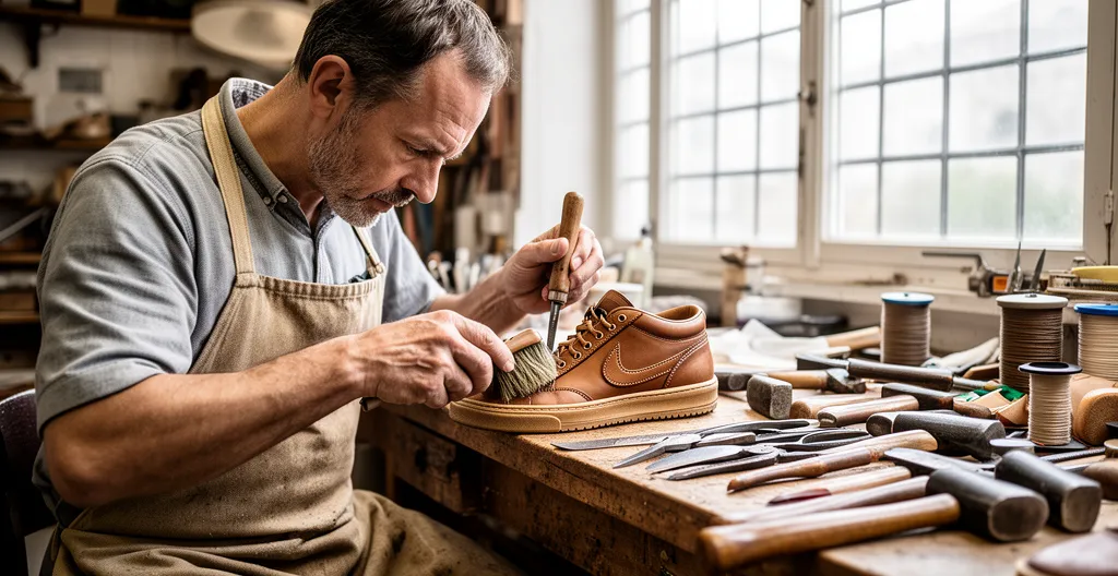 Artisan chausseur travaillant sur une basket en cuir dans un atelier traditionnel lumineux