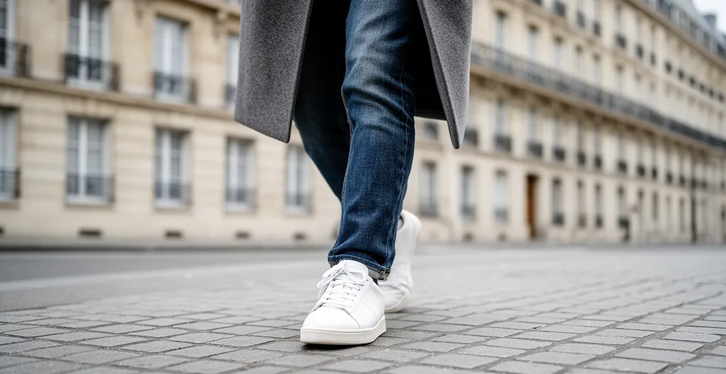 Personne marchant sur un trottoir pavé parisien portant des baskets blanches en cuir