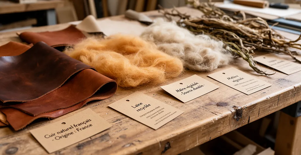 Échantillons de cuir naturel et laine recyclée disposés sur un établi en bois
