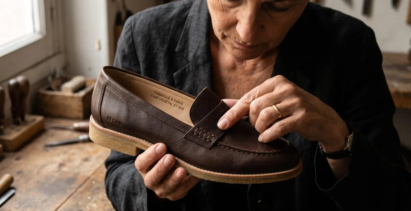 Main de femme examinant minutieusement coutures et finitions intérieures d'une chaussure féminine haut de gamme en cuir naturel