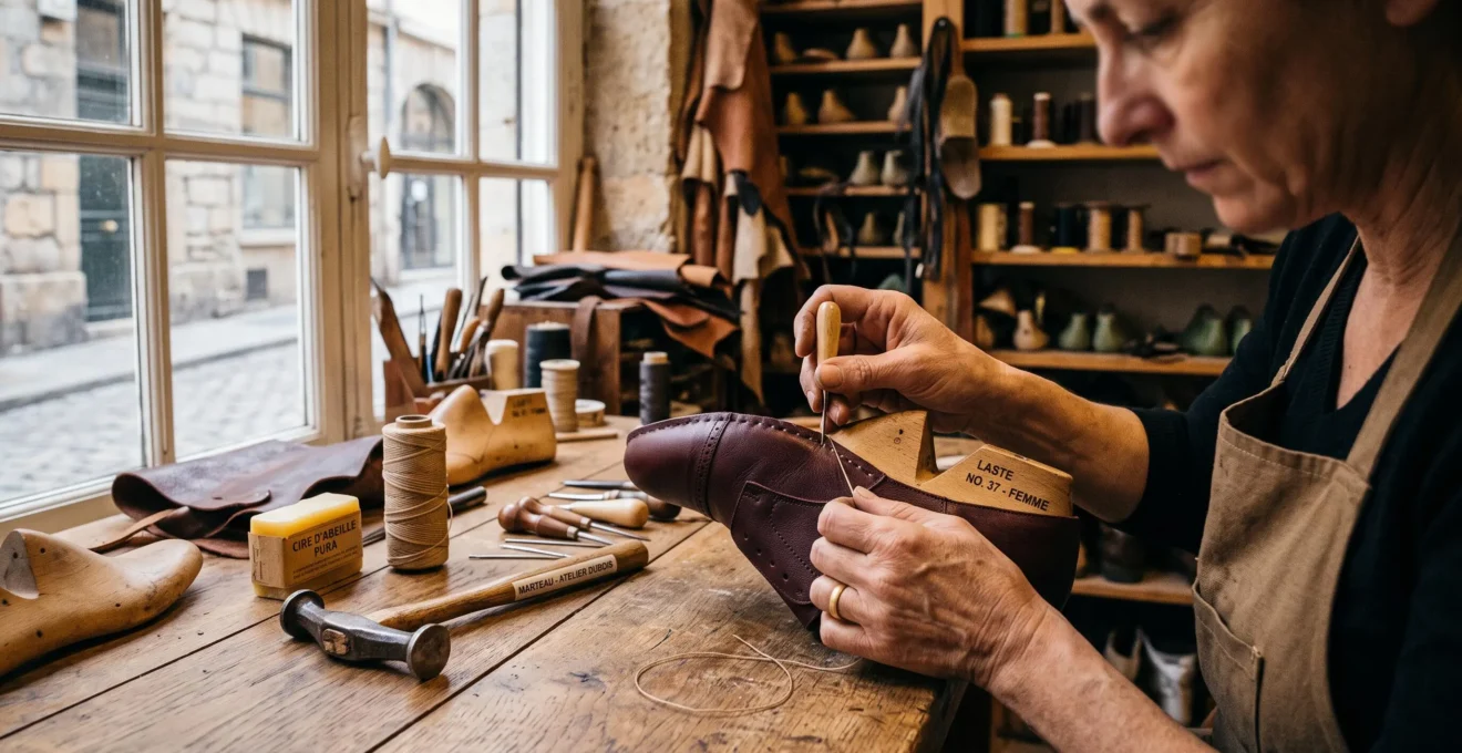 Mains d'artisan bottier assemblant avec précision une chaussure féminine en cuir naturel sur forme en bois dans atelier de fabrication artisanale français