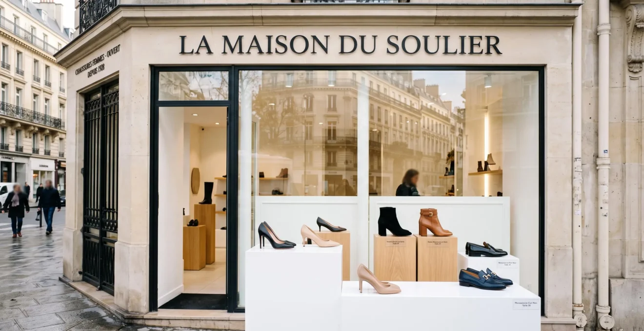 Vitrine boutique parisienne présentant sélection chaussures féminines haut de gamme sur présentoirs minimalistes avec architecture parisienne en reflet